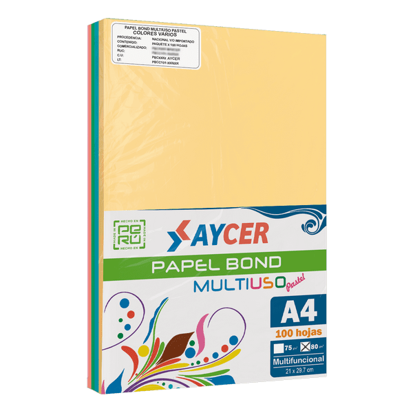 PAPEL BOND AYCER COLOR MULTIUSO PASTEL 100 HOJAS COLORES VARIOS 80 GR